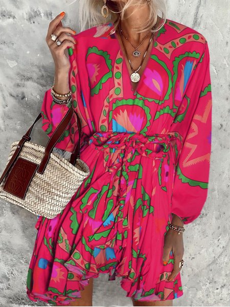 

V Neck Floral Print 3/4 Sleeve Mini Dress, Red, Dresses