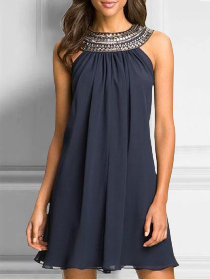 

Vintage Geometrico Statement senza maniche Girocollo Gonna Casuale, Blu marino, Dresses