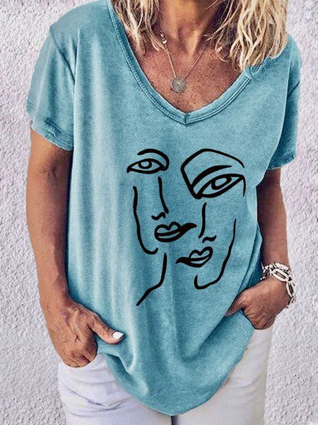 

Short Sleeve Abstract V Neck T-shirt, Light blue, T-Shirts