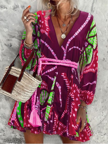 

Floral Print Balloon Sleeve V-neck Dresses, Red, Dresses