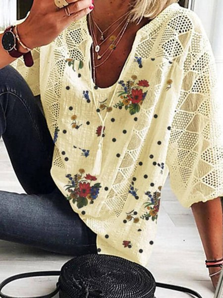 

V Neck Printed 3/4 Sleeve Cotton Shirts & Tops, Yellow, Tops