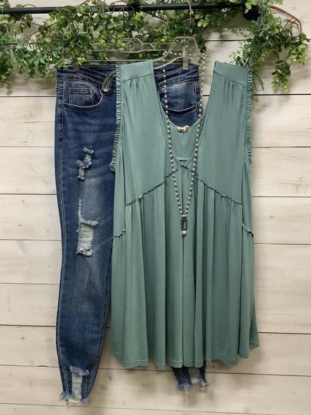 

Sleeveless Cotton-blend V neck Casual Summer Blue Top, Auto-Clearance