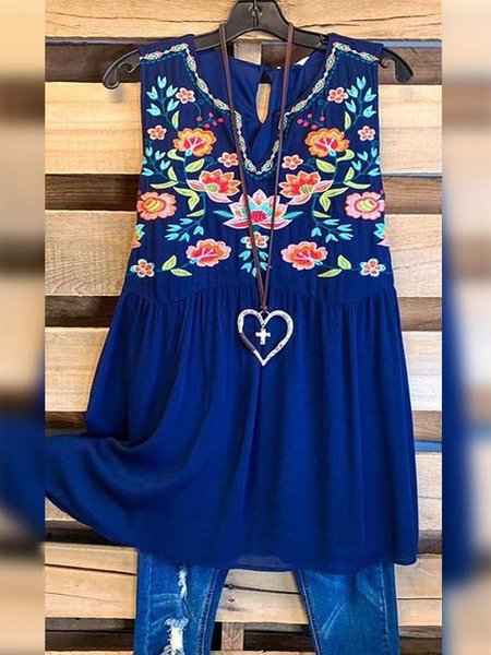 

Floral Sleeveless Printed Cotton-blend V neck Vintage Summer Navy Blue Top, Tank Top