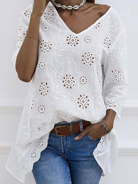 

V Neck Casual Shirts & Tops, White, Tops