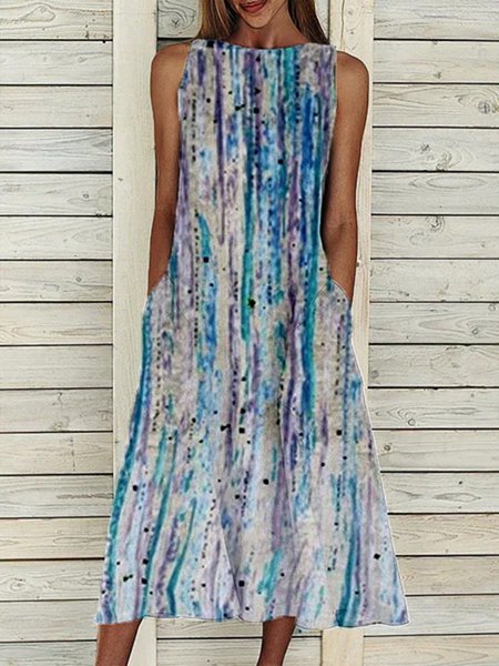 

Printed Sleeveless Cotton-Blend Casual Weaving Dress, Multicolor, Tie dye dress