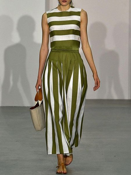 

Vintage Elegante a Righe Colore-block senza maniche Girocollo Gonna Casuale, Verde, Dresses