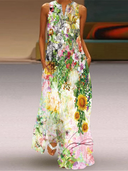 

Sleeveless Floral V Neck Dresses, White, Casual Dresses