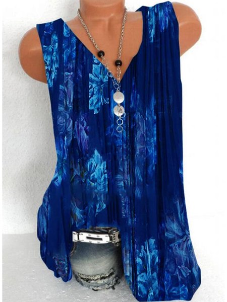 

Cotone Scollo a V Stampato senza maniche Camicie & Top, Blu, Tops