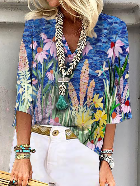 

taglia grande Stampata Floreale Top, Blu, T-Shirts