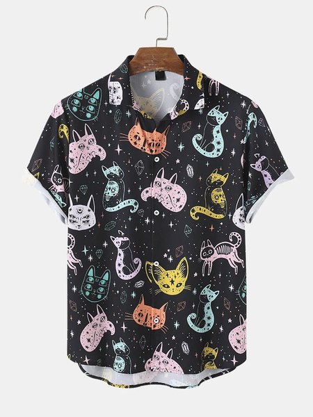 

Mens Colorful Cartoon Cat Print Lapel Short Sleeve Shirt, Black, Men's Floral shirt