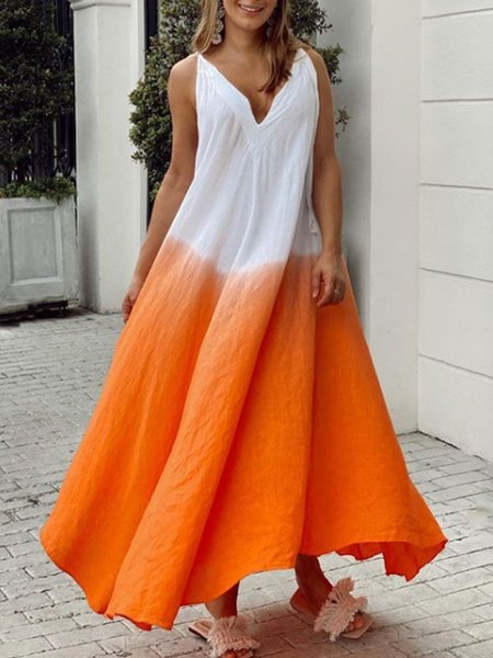 

V Neck Holiday Ombre/tie-Dye Spaghetti-Strap Dress, Orange, Maxi Dresses