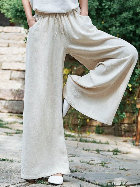 

Solid Loose Cotton-Blend Linen Elastic Waist Wide Leg Pants, White, Pants