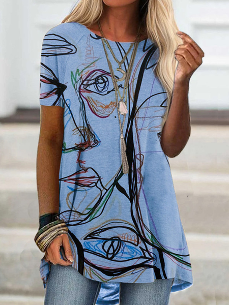 

Abstract Crew Neck Short Sleeve Tops, Blue, T-Shirts