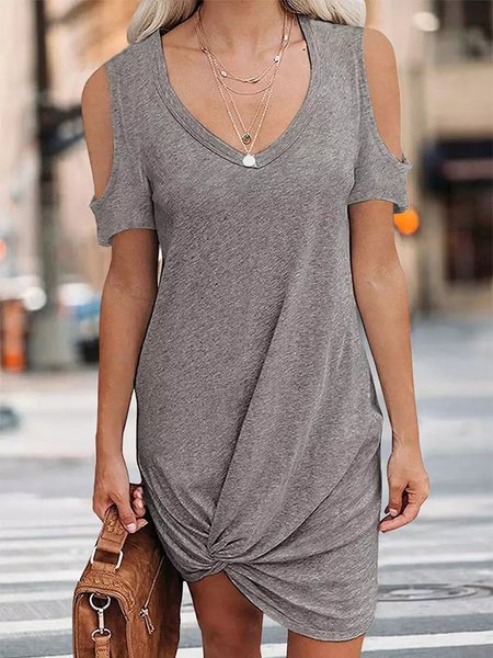 

Vintage Cold Shoulder Plain V Neck Plus Size Casual Dresses, Gray, Dresses