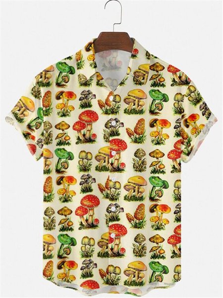 

Regular Fit Casual Simple Mushroom Short Sleeve Shirt, Yellow, Men's Floral shirt