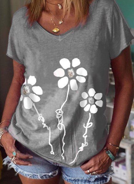 

Vintage Girocollo Maniche Corte Floreale Camicie & Top, Grigio, Tops