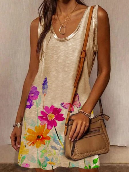 

Plus Size Vintage Boho Floral Casual Sleeveless Dresses, Khaki, Dresses