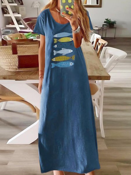 

Vintage Cotton-Blend Knitting Dress, Blue, Maxi Dresses