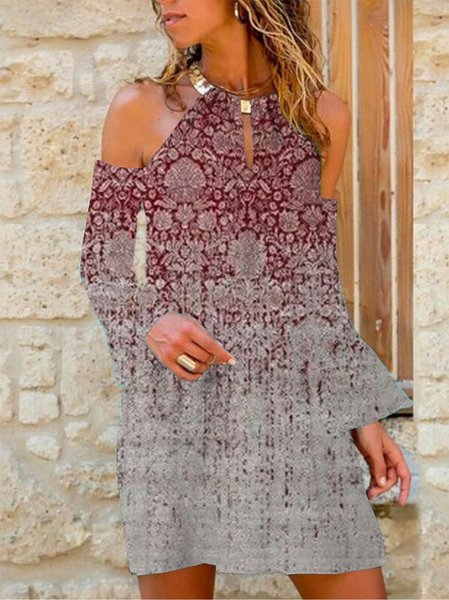 

taglia grande Vintage Bohemian Maniche Lunghe Di base Spalla Nuda Gonna Casuale, Rosso, Mini Dresses
