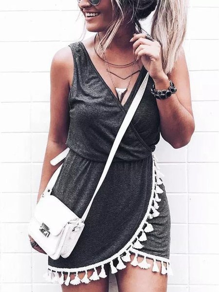 

Vintage nappa senza maniche Tinta unita Scollo a V taglia grande Gonna Casuale, Grigio scuro, Dresses