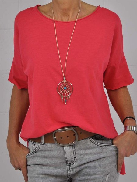 

Casual Solid Cotton-Blend Round Neck T-shirt, Red, Tees & T-shirts