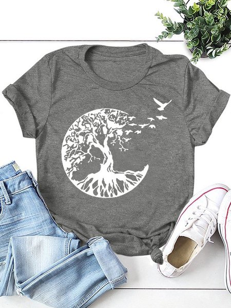 

Tree Birds Women Crew Neck T-Shirt Top, Grey, T-shirts