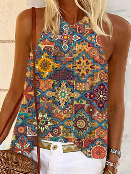

Plus size Sleeveless Boho Printed Tops, Multicolor, Tops