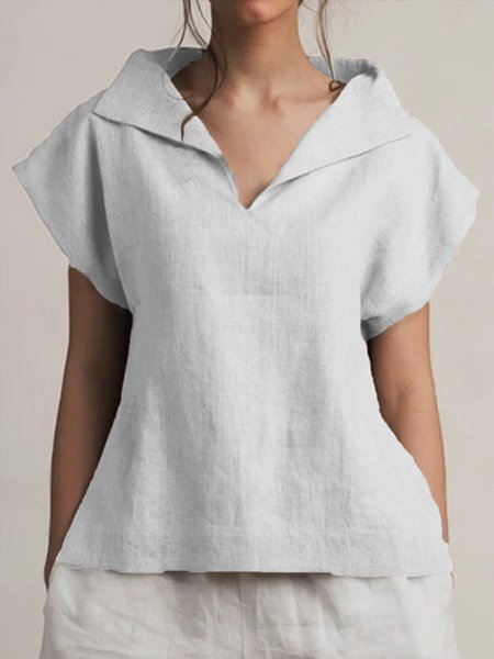Donna Estivo Lino Maniche Corte Casuale Camicetta, Bianco, Blouses & Shirts