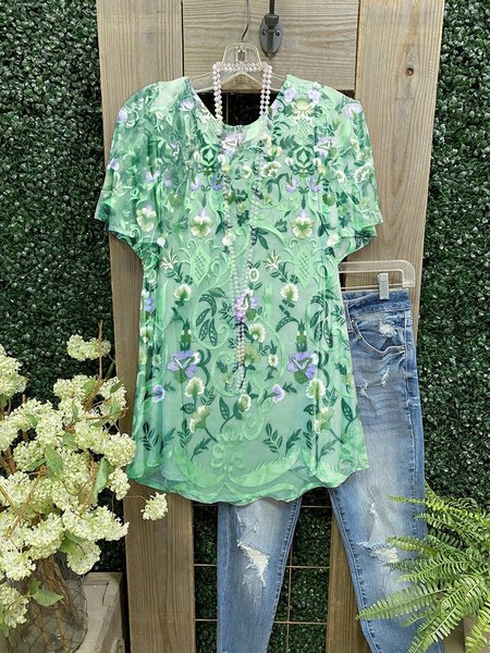 

Little daisy Floral Jersey Casual Shirts & Tops, Green, Auto-Clearance
