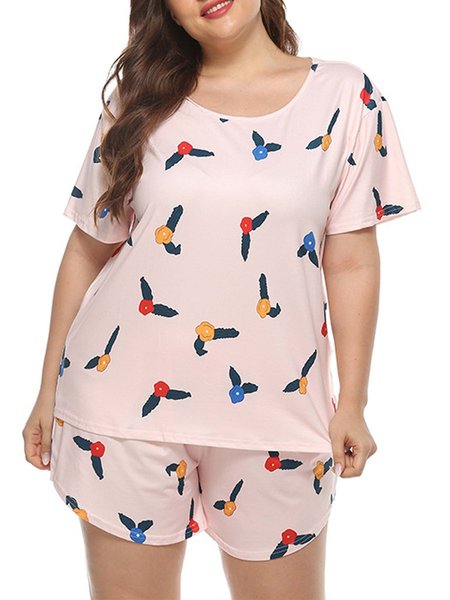 

Round Neck Floral Short Sleeve Shorts Sets, Pink, Loungewear & Sleepwear