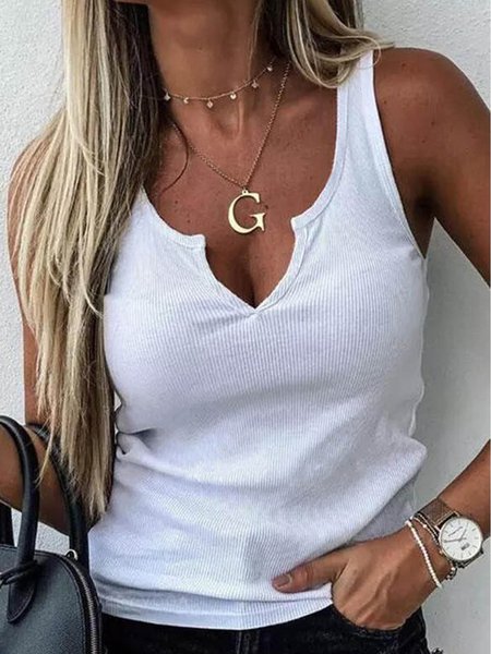 

V Neck Casual Plain Tanks & Camis, White, Tank Top
