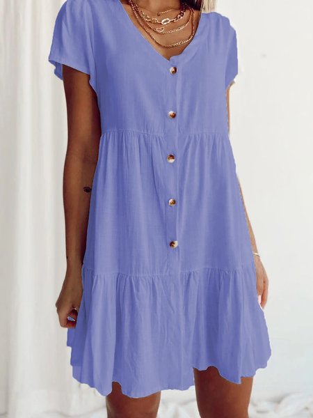 

Solid Short Sleeve Casual Ruffled V-Neck Mini Women Dress, Purple, Mini Dresses