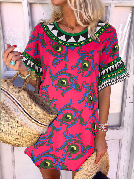 

A-Line Holiday Cotton-Blend Short Sleeve Dresses, Rose red, Dresses
