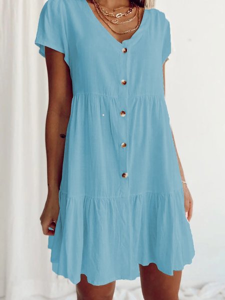 

Holiday Blue Solid Button Up Cotton-Blend Mini Weaving Dress, Elegant Dresses