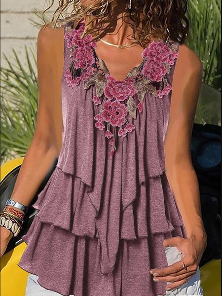 

Vintage ricamato Floreale taglia grande senza maniche Scollo a V Casuale Top, Vino rosso, Tops