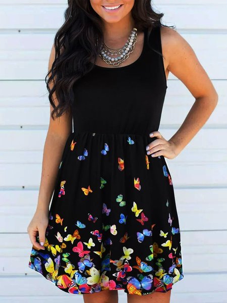 

Vintage Farfalle Stampato Statement taglia grande senza maniche Girocollo Gonna Casuale, Nero, Dresses