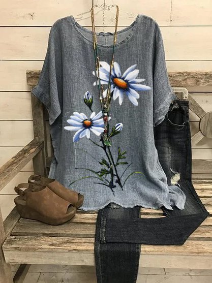 

Casuale Maniche Corte Dritto Camicie & Top Cotone, Grigio, Tops