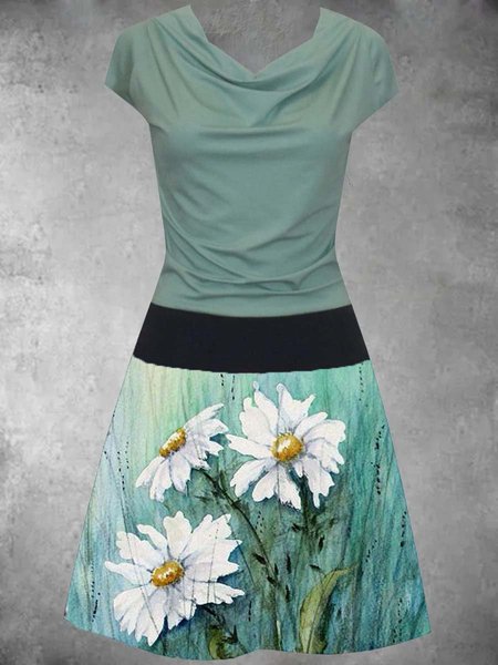 

Casuale Maniche Corte Stampato Floreale Misto Cotone Abito, Blu, Dresses