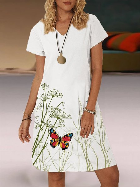 

Butterfly Print V-neck Short Sleeve Casual Dress, White, Dresses