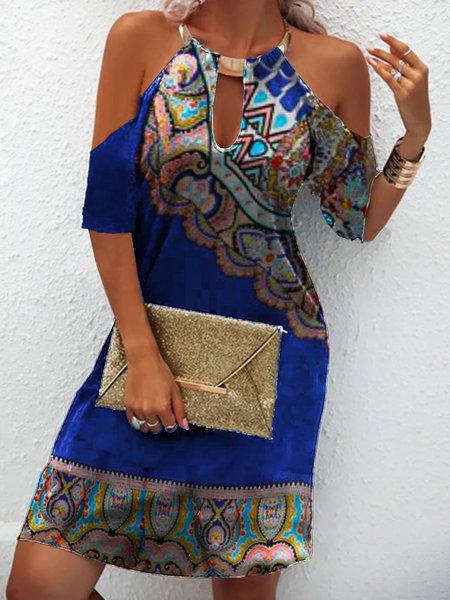 

Abstract Holiday Off-Shoulder Dress, Blue, Short
