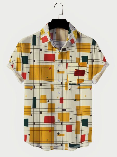 

Mens Geo & Line Print Chest Pocket Holiday Short Sleeve Shirts, Mustard, Men's Floral shirt