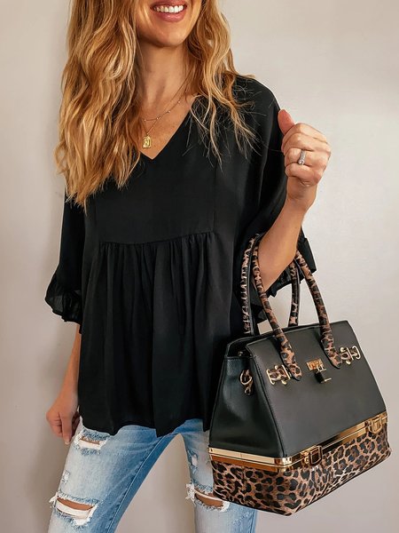 

Nero Scollo a V Manica a Volant Bohemian Casuale Vacanza Dritto Top, Blouses & Shirts