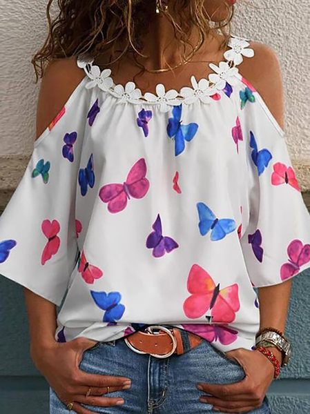 

Plus size Butterfly Printed Tops, White, Tees & T-shirts