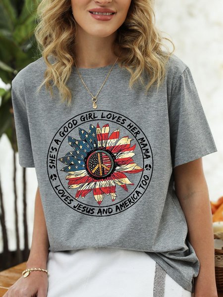 

She's A Good Girl Loves Her Mama Loves Jesus And America Love and Peace American Flag Sunflower Graphic Tee, Gray, T-shirts