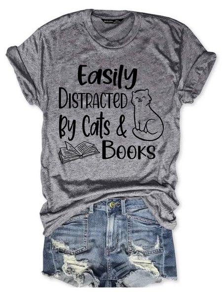 Easily Distracted By Cats And Books Tee, Gray, T-shirts