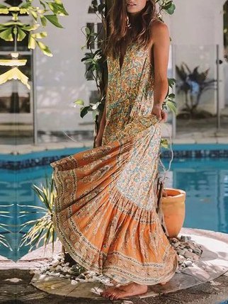 

Printed V Neck Sleeveless Boho Dress, As picture, Maxi Dresses
