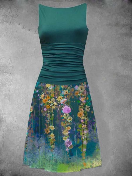 

Stampato Floreale senza maniche Casuale Misto Cotone Abito, Blu, Dresses