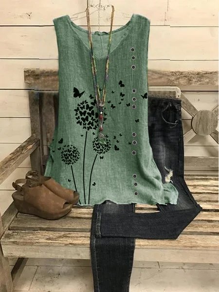 

Floreale Casuale Senza Maniche Cotone Camicie & Top, Verde, Tops
