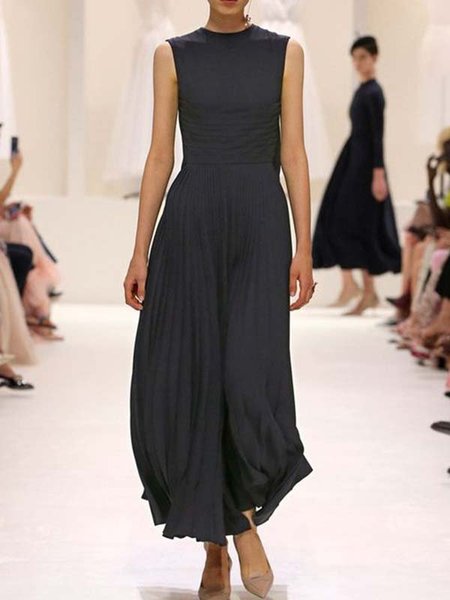 

senza maniche Misto Cotone Casuale Solido Abito, Blu marino, Dresses
