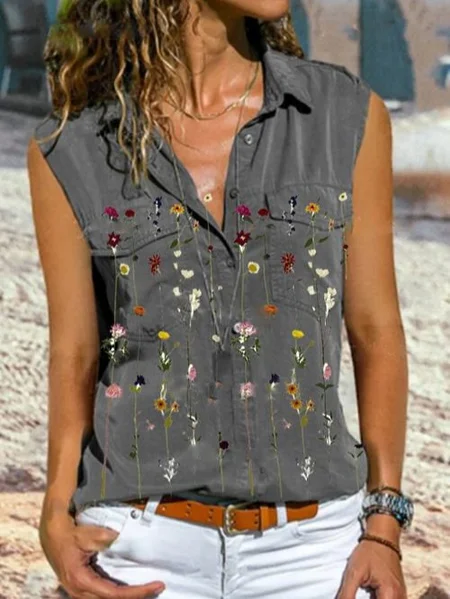 

Sleeveless Cotton-Blend Casual T-shirt, Gray, Blouses & Shirts